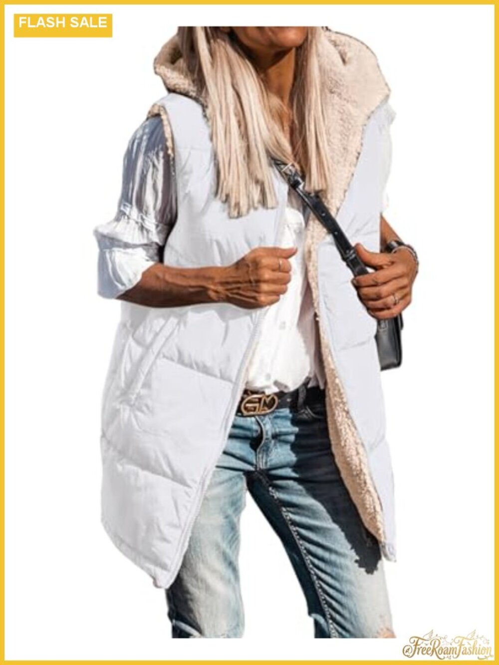 Long Puffer Vest Sherpa Fleece Lined Reversible Hooded Sleeveless